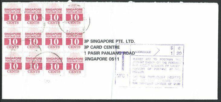 SINGAPORE 1993 taxed cover with postage dues. PASAR PANJANG cds...........10072