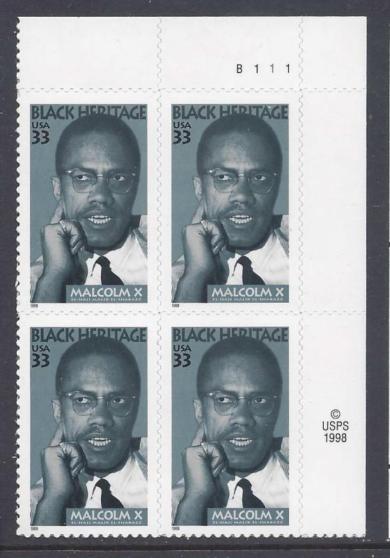 Catalog # 3273 Malcolm X Black Heritage Plate Block of 4 33 Cent