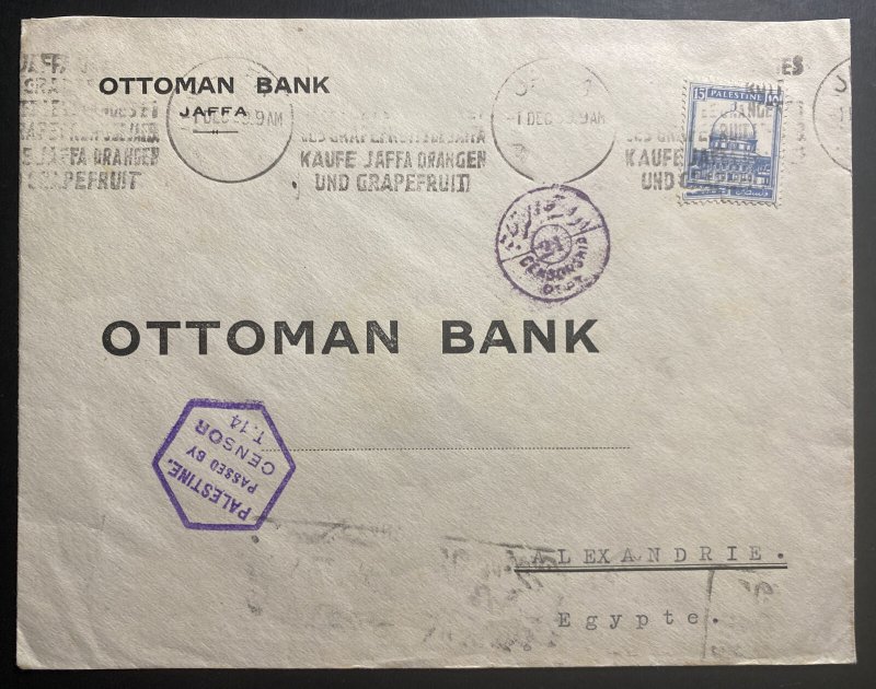1939 Jaffa Palestine Censored Cover To Ottoman Bank Alexandria Egypt 