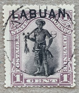 Labuan 1894 1c Dyak. Postally used. Perf 13.5-14.  Scott 49b, CV $14.00. SG 62b