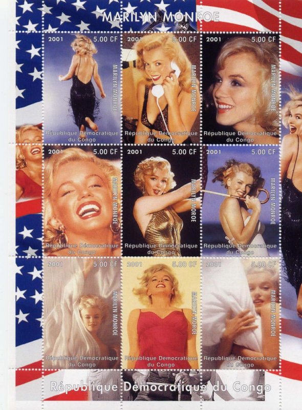 Congo 2001 Marilyn Monroe American Actress 9v Mint Full Sheet. (L-11)