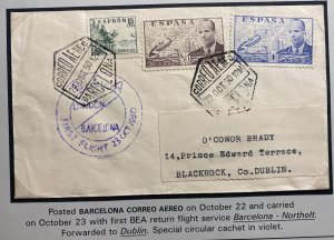 1950 Barcelona Spain First Flight Airmail Cover To Dublin Ireland BEA Return Ser