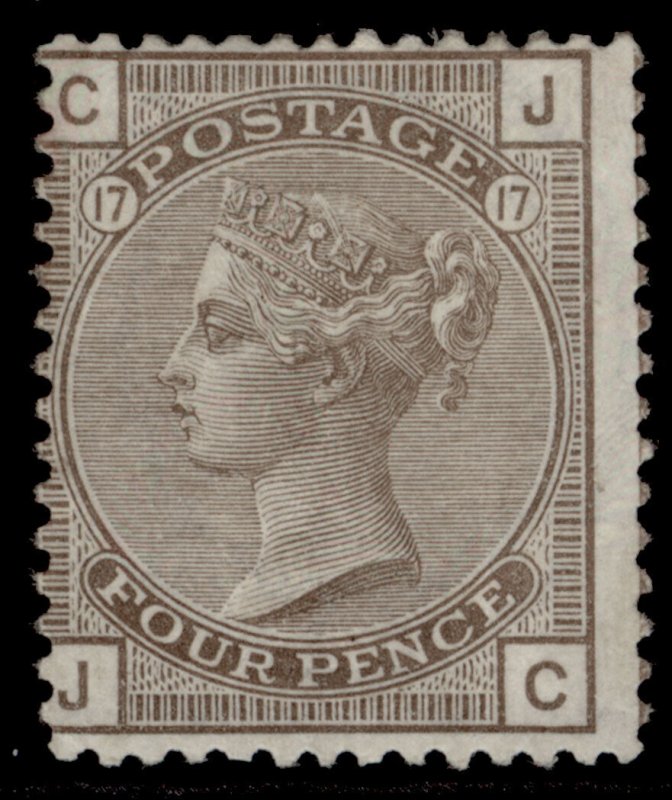 GB QV SG154, SCARCE 4d grey-brown plate 17 WMK GARTER, M MINT. Cat £2800. JC 