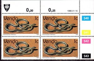 Venda - 1986 Reptiles 1c 1986.01.16 Plate Block MNH** SG 119