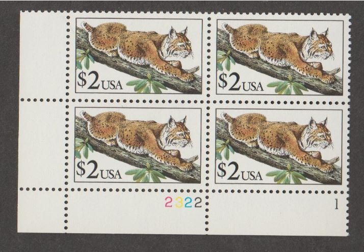 U.S. Scott #2482 Bobcat $2 Stamps - Mint NH Plate Block - LL P2 Plate
