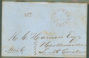 US  Arkadelphia, Arkansas 5 Feb 1852 to South Carolina. Brown CDS, brown 5 penalty rate for not using stamp.  Letter enclosed on