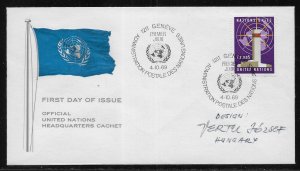 UN Geneva 1 5c Headquarters on Headquarters Cachet FDC signed by Designer