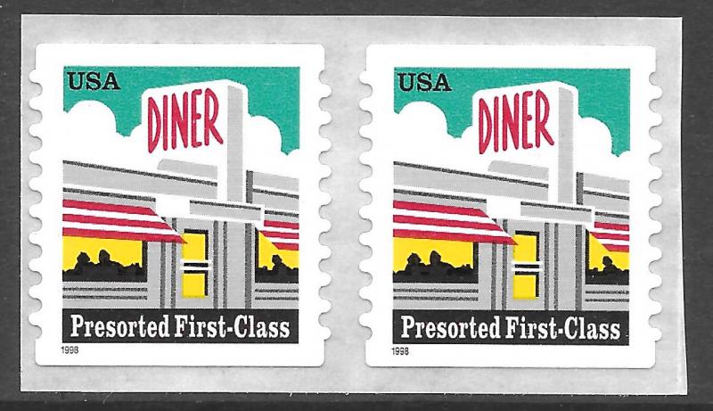 Sc 3208A   25¢ Diner Self-Adhesive Coil Pair, MNH