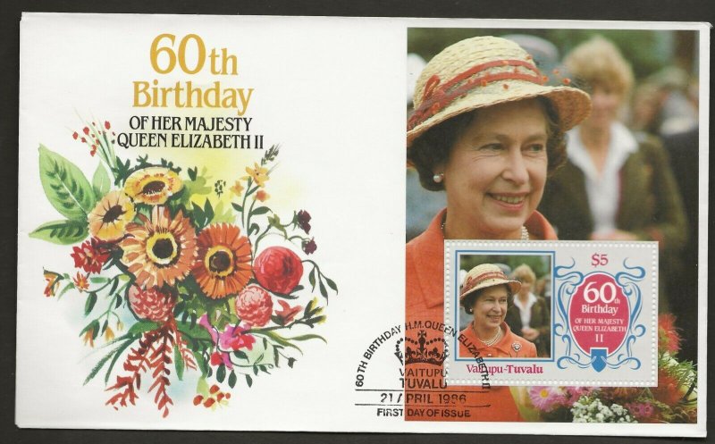 VAITUPU-TUVALU 1986 60TH BIRTHDAY QUEEN ELIZABETH,SET+SOUV/SHEET ON 5 FDC'S