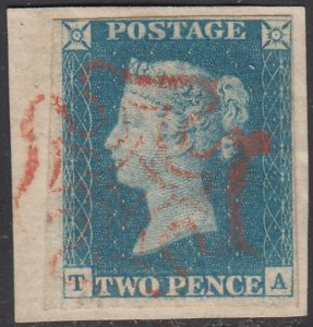 Great Britain 1840 used Sc #2 2p Victoria, light blue Position TA On piece