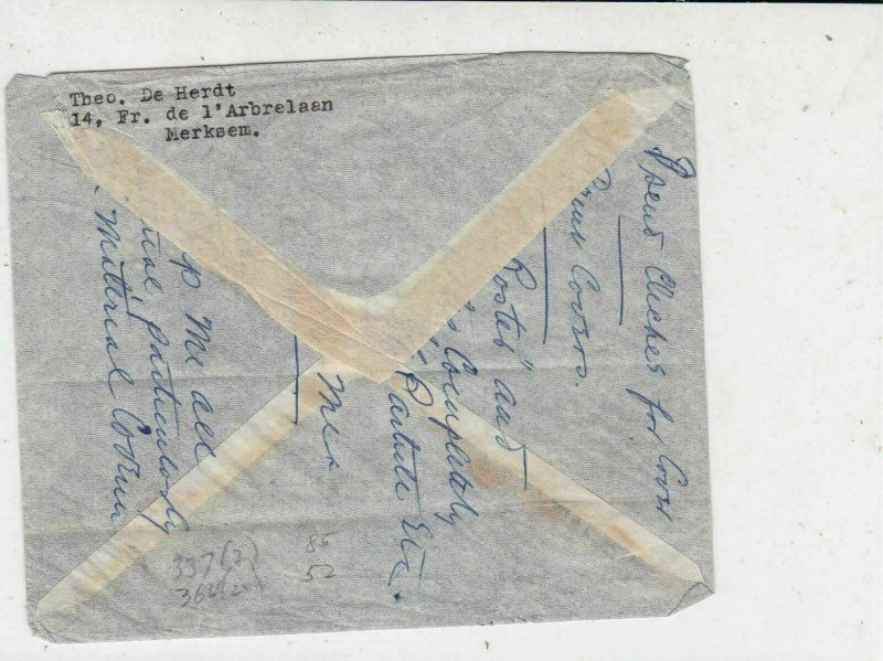 Belgium 1950 Airmail Label Merksem Cancels Man+Ship Stamps Cover to USA Rf 34808