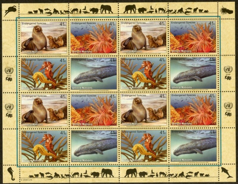 UNITED NATIONS Sc# NY 949-52 GE480-3 VI417-20 2008 Endangered Species Sheets MNH