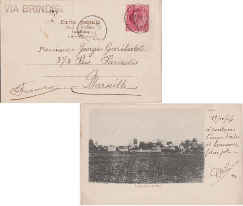 Aden India 1a KEVII 1904 Aden Camp PPC (Lahej, General View) to Marseille, Fr...