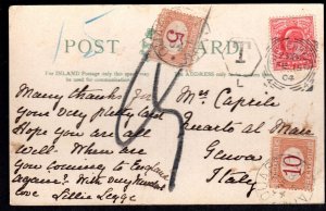 UK TO ITALY 1904 POSTAGE DUE AND T MARKING & 5+10c STAMPS APPLIED IN GENOA ON