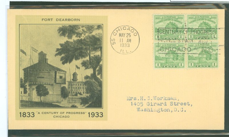 US 728 1933 1c Fort Dearborn/century of progress(block of four) on an addressed (typed) First Day color with an unknown cachet m