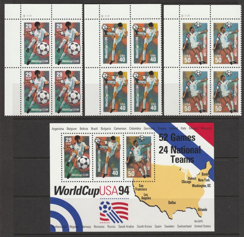 Soccer World Cup #2834-37 3 Plate Blocks & Souvenir Sheet MNH