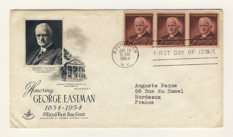 US - 1954 - Scott 1062 FDC - George EASTMAN - strip of 3