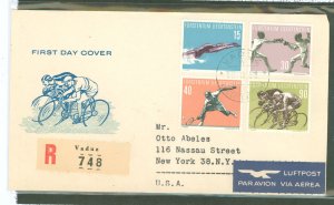 Liechtenstein 320-23 1958 Sports set of four including fencing, diving, tennis, & bicyclists on an addressed (typed) cacheted FD