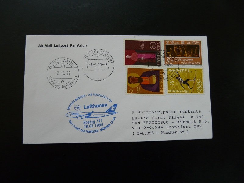 first flight cover Vaduz San Francisco via Frankfurt Boeing 747 Lufthansa 1999