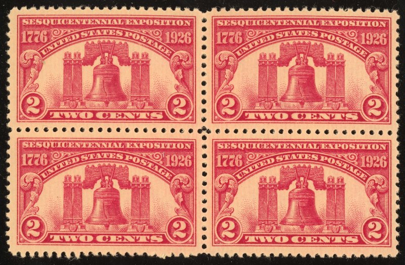 US Scott 627 Mint NH OG 2x2 block 2c carmine rose Liberty Bell T470 bhmstamps