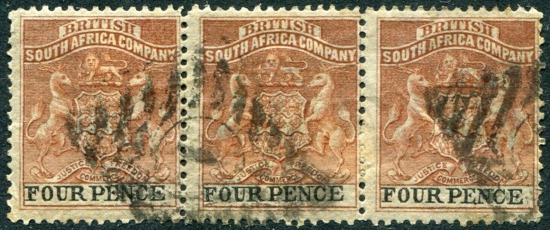 RHODESIA-1892-94 4d Chestnut & Black Strip of 3 Sg 22 GOOD USED V48394