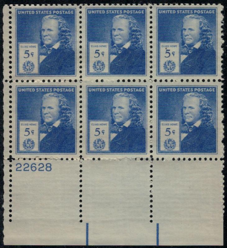 US # 892 5c Howe, Plate Block of 6, mint never hinged,  NICE PLATE!