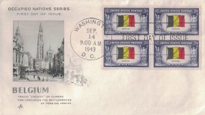 1943 FDC, #912, 5c Overrun Country - Belgium, Art Craft, block of 4