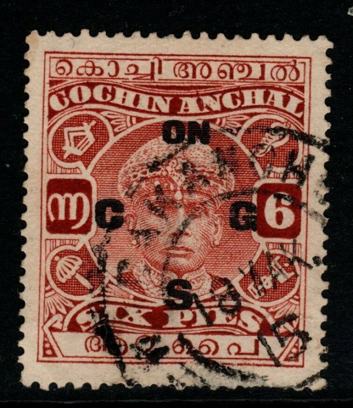 INDIA-COCHIN SGO69 1943 3p RED-BROWN p13x13½ USED