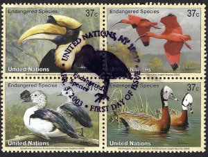 United Nations #842-845 4x 37¢ Endangered Species - Birds (2003). Block. Used.