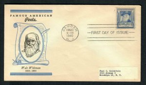 AU111 F.D.C. Scott # 867 1940 Famous Americans Poet Walt Whitman 5 cent