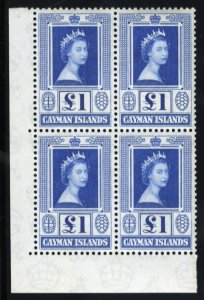Cayman Islands #149 Cat$150+, 1953 £1 bright blue, corner margin block of fo...