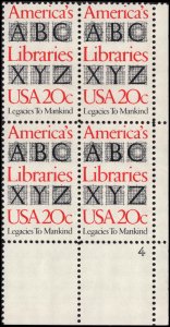 US #2015 AMERICA'S LIBRARIES MNH LR PLATE BLOCK #4 DURLAND $1.75