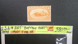 USA 1898 Scott# 287 Buffalo Hunt Mint Fine (C) Never Hinged