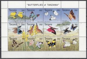 Tanzania, Scott cat. 1054 A-L. Butterflies sheet of 12.