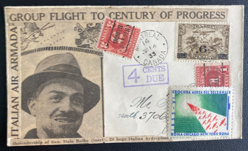 1933 Montreal Canada To Century Of Progress Flight Cover Gen Italo Balbo Label B