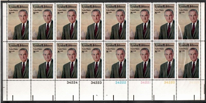 US # 1503 , Lyndon B Johnson / LBJ , Plate Block of 16 - I Combine S/H 