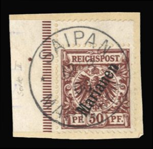 German Colonies, Mariana Islands #16 Cat$210, 1900 50pf red brown, corner mar...