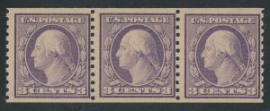 USA 493 - 3 cent Type I unwatermarked coil strip of 3 - Fine Mint hinged