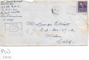 APO 24, San Francisco to P.O.W. Camp, Madera, Ca 1942, Censored (M5812)