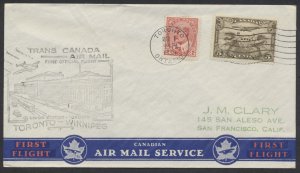 1939 Toronto to Winnipeg Flight Cover MAR 1-2 2c Edward/#C1 Franking #3903p