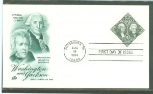 US 2592 1994 FDC - $5 Washington & Jackson (essay series) on an unaddressed FDC with an Artcraft cachet.
