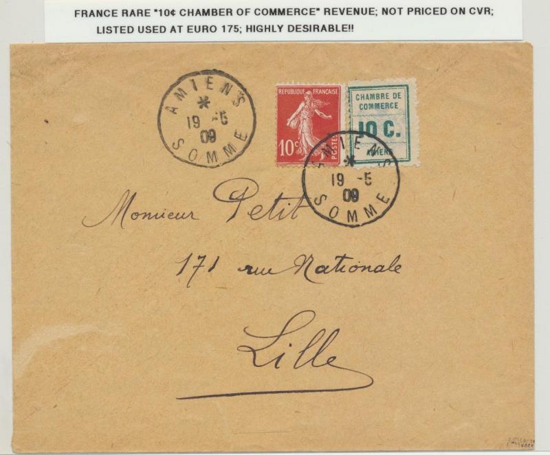 FRANCE 1909 RARE 10c CHAMBER OF COMMERCE REVENUE ON COVER, RARE...(SEE BELOW)