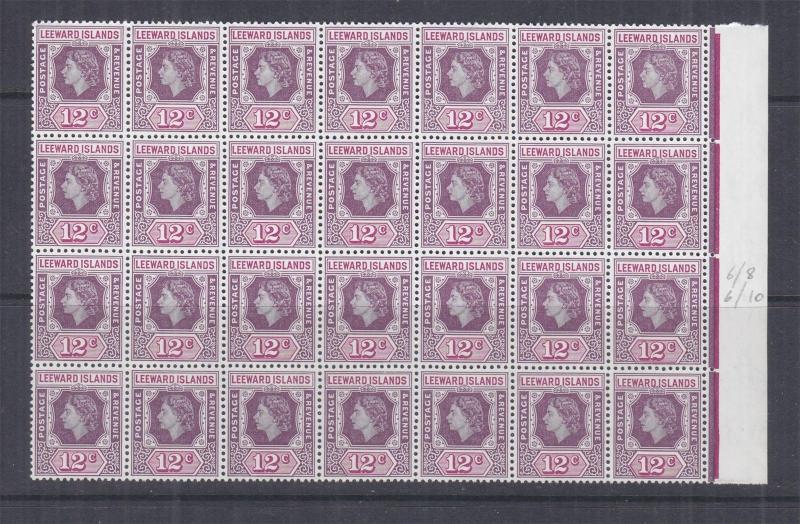 LEEWARD ISLANDS, 1954 QE 12c , 2 varieties in marginal block 28, mnh