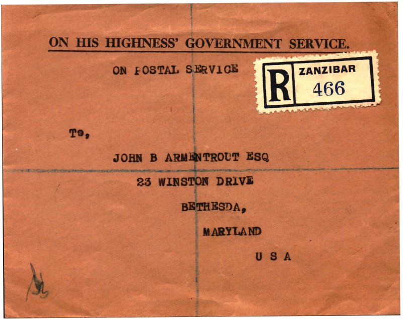 Zanibar Postal Cover - On His Highness' Government Service - registered mail