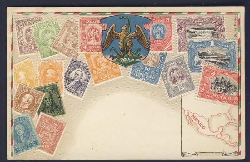 POSTAL HISTORY MEXICO - map, crest and 18x embossed STAMP IMAGES POSTCARD