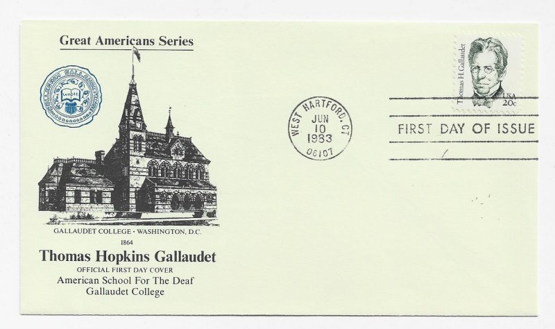 US 1861 20c Great Americans - Gallaudet FDC 1st School for Deaf Cachet ECV$20.00