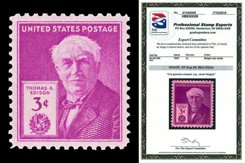 Scott 945 1947 3c Thomas Edison Issue Mint Graded XF-S 95 NH with PSE CERT!
