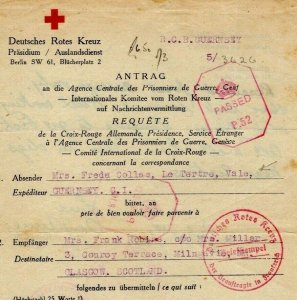 GUERNSEY WW2 Channel Islands *GERMAN RED CROSS* Message Form 1942 Glasgow MAX31 
