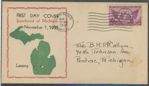 US 775 1935 3c Michigan Statehood/100th anniversary on an addressed first day cover with a cachet from an unknown publisher.