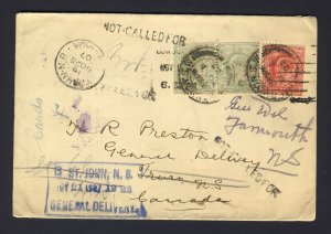 NOT CALLED FOR Great Britain Cover to New Brunswick/2x Nova Scotia St. John 1907